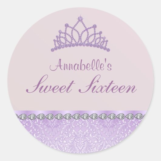 Paarse Tiara & Damask Sweet16 Sticker (Voorkant)