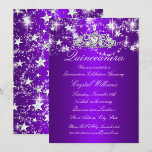 Paarse Tiara met Glitters en Sterren Quinceanera Kaart