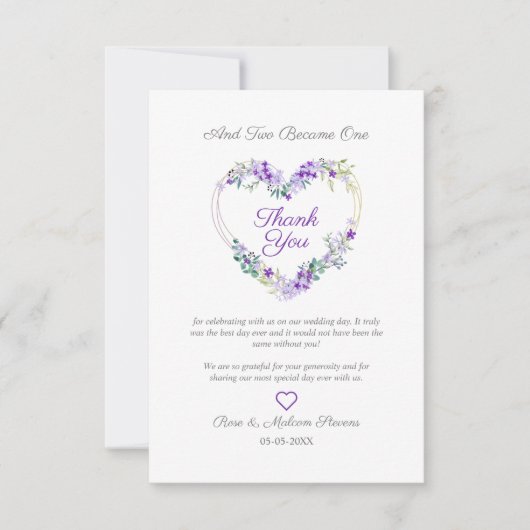 Paarse tinten Bloemen Waterverf Hart Custom Foto Bedankkaart (Voorkant)