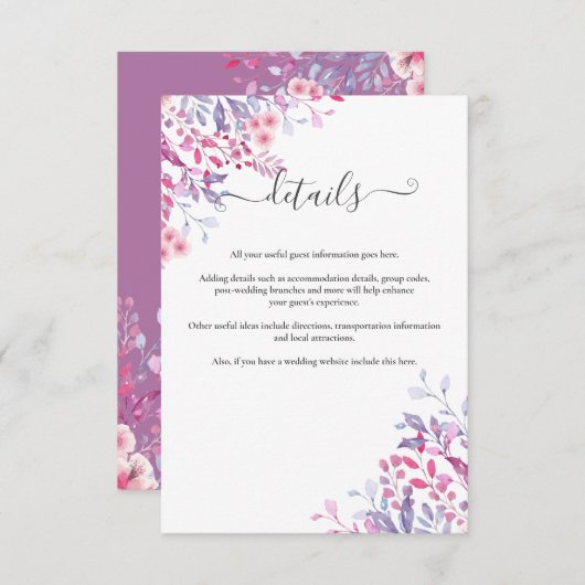 Paarse tinten land wilde bloemen bloemenbruiloft informatiekaartje (Voorkant / Achterkant)