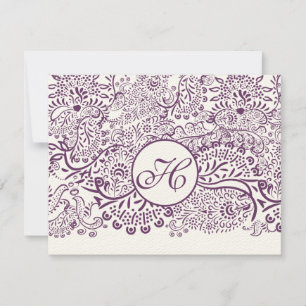 Paarse Tortelduifjes Damask Monogram Weddings RSVP Kaartje