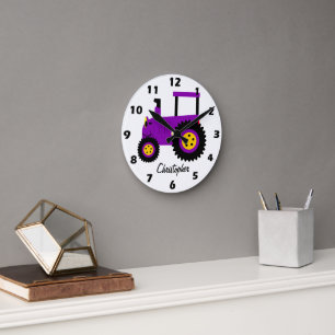 Paarse Tractor Ontwerp Gepersonaliseerd Ronde Klok