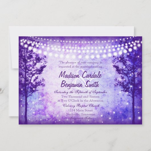 Paarse Trees String Lights Wedding Invitations Kaart (Voorkant)