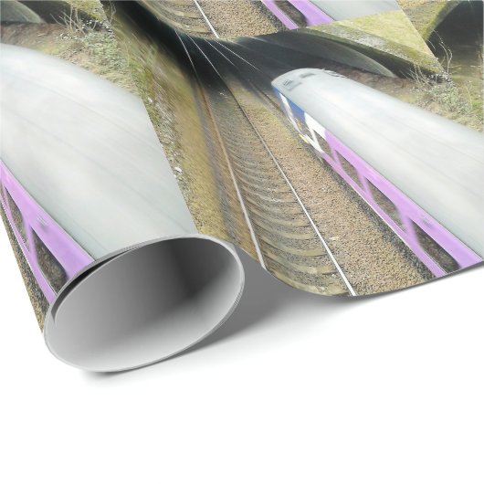 Paarse trein, spoorbaan, tunnel, reizen cadeaupapier (Rol Hoek)