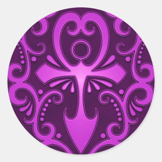 Paarse Tribal Ankh Ronde Sticker (Voorkant)