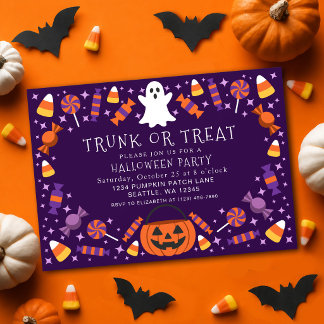 Paarse Trunk or Treat Snoep Kinderen Halloween Fee Kaart