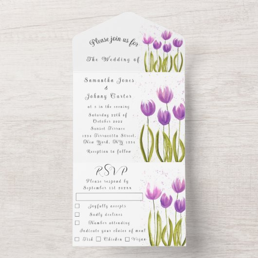 Paarse Tulip Waterverf Spring Wedding Elegant All In One Uitnodiging (Binnen)