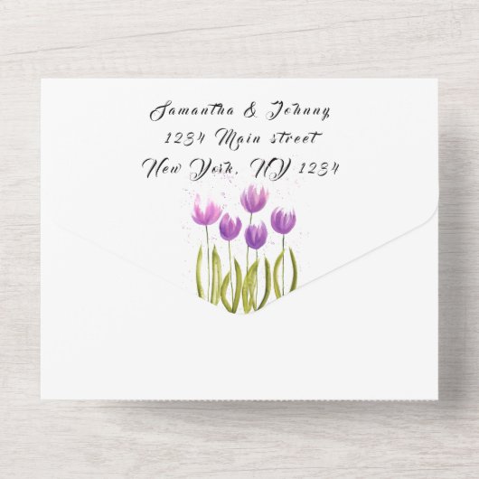 Paarse Tulip Waterverf Spring Wedding Elegant All In One Uitnodiging (Achterkant)