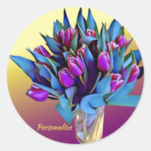 Paarse Tulips Waterverf personaliseren Ronde Sticker