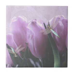 Paarse Tulp Aqua Dragonfly Keramische Kunst Tegels Tegeltje