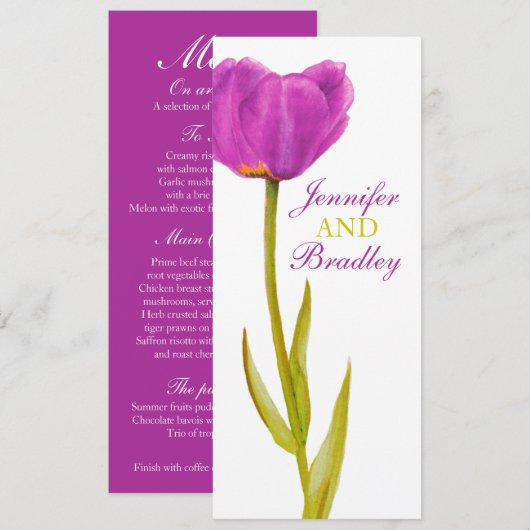 Paarse tulp bruiloft receptie diner menu kaart (Voorkant / Achterkant)