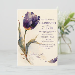 Paarse Tulp Waterverf Bloemige Elegante Trouw Uitn Kaart