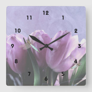 Paarse Tulpen Aqua Dragonflies - Nummers Vierkante Klok