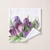 Paarse Tulpen Bloemen Waterverf Patroon Bad Handdoek (Wasdoekje)