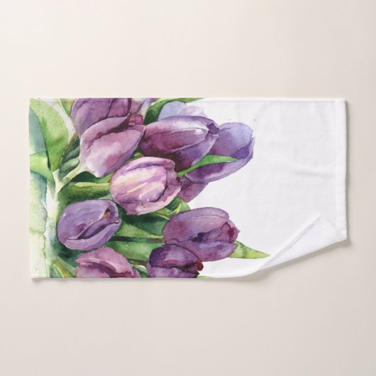Paarse Tulpen Bloemen Waterverf Patroon Bad Handdoek (Handdoek)