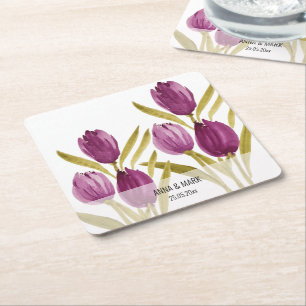 Paarse Tulpen Elegant Waterverf Vierkante Kartonnen Onderzetter