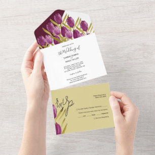 Paarse Tulpen Elegante Aquarel Handgeschilderd All In One Uitnodiging