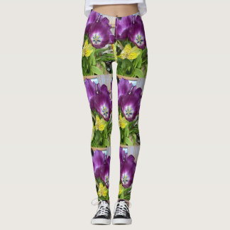 Paarse tulpen & gele botanische print leggings