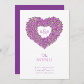 Paarse tulpen hart krans monogram trouwmenu menu (Voorkant / Achterkant)