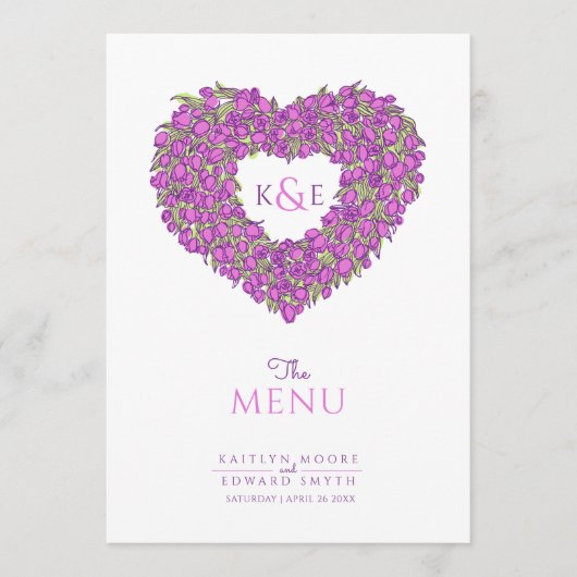 Paarse tulpen hart krans monogram trouwmenu menu (Voorkant)