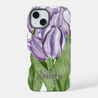 Paarse tulpen op tijd voor de lente iPhone 15 hoesje