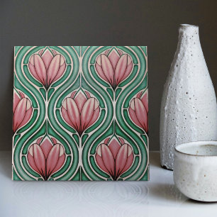 Paarse Tulpen Symmetrisch Patroon Kunst Nieuwe Tegeltje