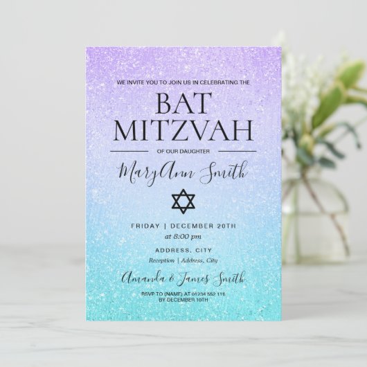 Paarse & Turquoise Bat Mitzvah Faux Glitter Paint Kaart (Staand voorkant)