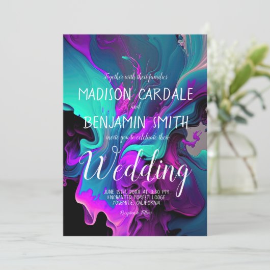 Paarse Turquoise Beauful Abstract fluid Wedding Kaart (Staand voorkant)