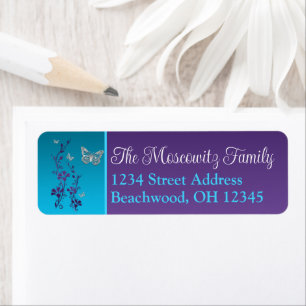 Paarse, Turquoise, Bloemen, Vlinders Bat Mitzvah Etiket
