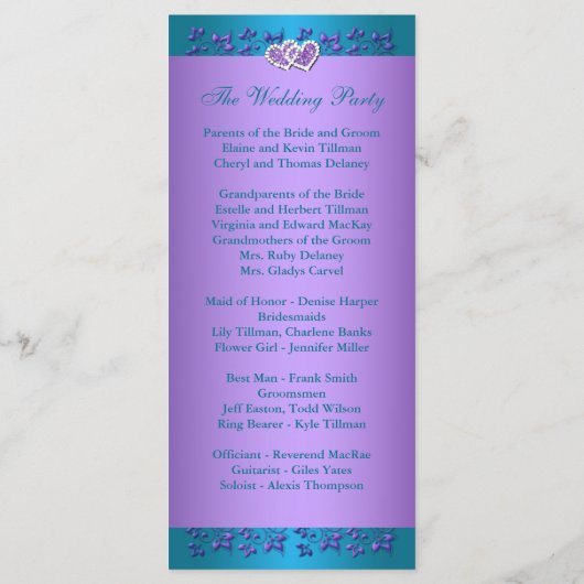 Paarse, turquoise bloemenharten bruiloft programma (Achterkant)