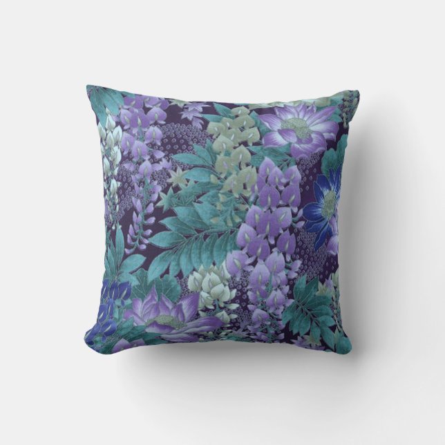 Paarse & Turquoise Jungle Bloemen Kussen (Voorkant)