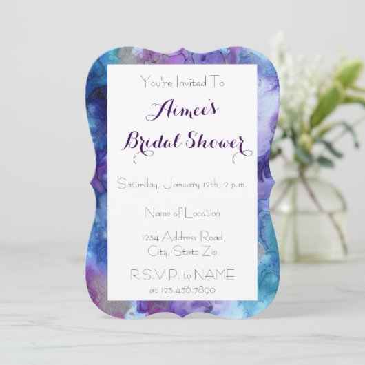 Paarse & Turquoise Marmeren Bruids Douche Uitnodig Kaart (Staand voorkant)