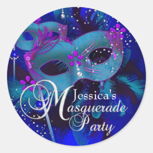 Paarse & Turquoise Maskers Masquerade Feest Sticke Ronde Sticker