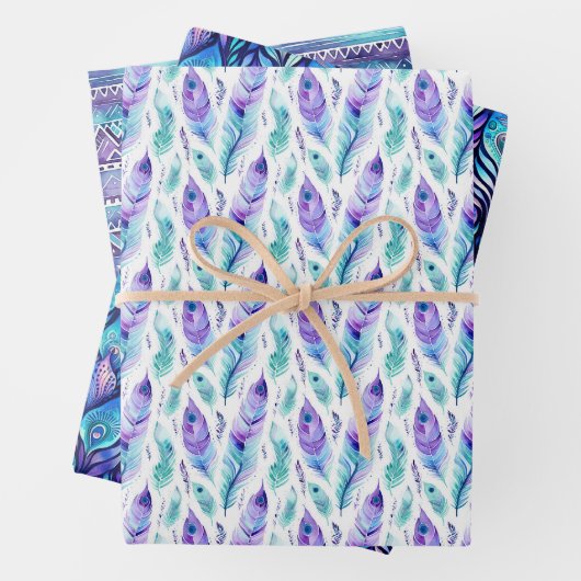 Paarse turquoise pauwenveren inpakpapier vel (In situ)
