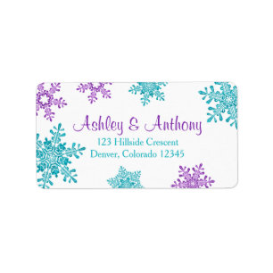 Paarse turquoise sneeuwvlok bruiloft retouradres etiket