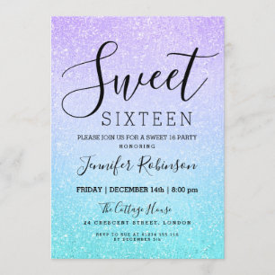 Paarse Turquoise Sweet 16 Birthday Glitter Paint Kaart