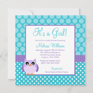 Paarse Turquoise Uil Stippen Meisje Baby Shower Kaart