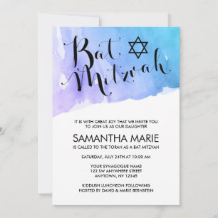 Paarse Turquoise Waterverf Bat Mitzvah Uitnodiging