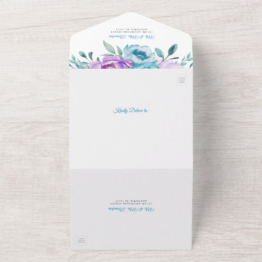 Paarse Turquoise Waterverf Bloem Bat Mitzvah All In One Uitnodiging (Buitenkant)