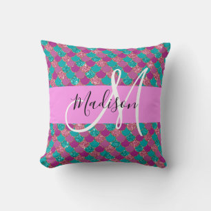 Paarse Turquoise Zeemeermin Glitter Glans Monogram Kussen