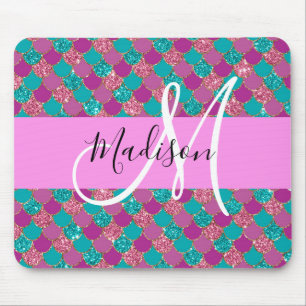 Paarse Turquoise Zeemeermin Glitter Glans Monogram Muismat