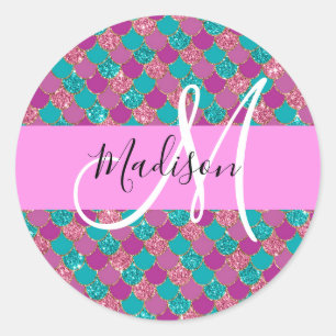 Paarse Turquoise Zeemeermin Glitter Glans Monogram Ronde Sticker