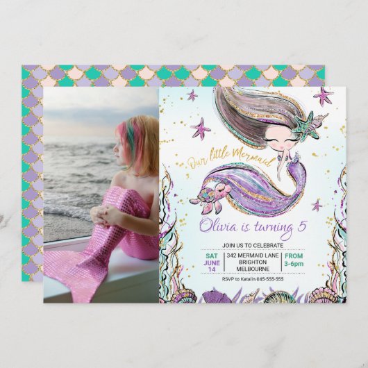 Paarse Turquoise Zeemeermin Schildpad Foto Verjaar Kaart (Voorkant / Achterkant)