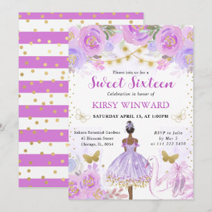 Paarse Tutu Donkere Huid Ballerina Sweet 16 Kaart