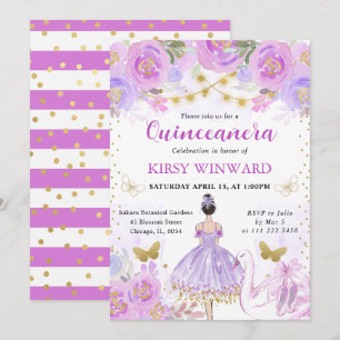 Paarse Tutu Zwarte Haren Ballerina Quinceanera Kaart