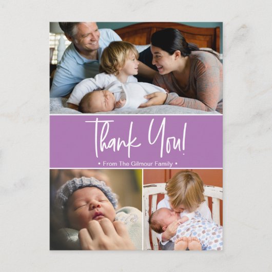 Paarse tweede baby foto collage aankondiging (Voorkant)