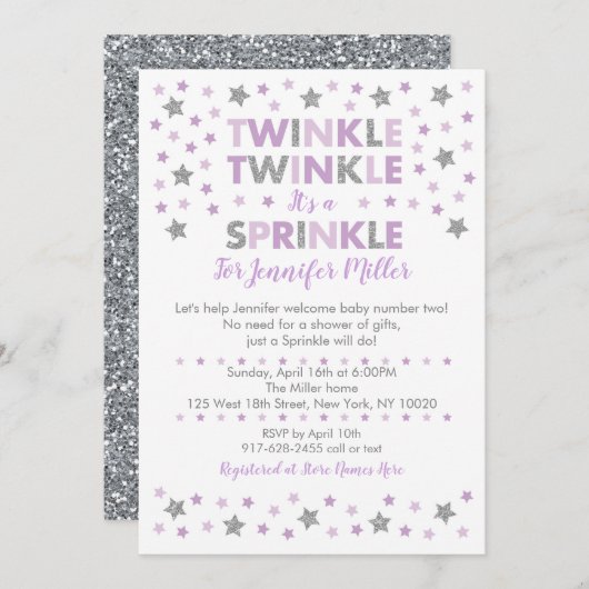 Paarse Twinkle Star Baby Sprinkle Kaart (Voorkant / Achterkant)
