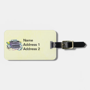  Paarse typemachine papieren potloden op geel Bagagelabel