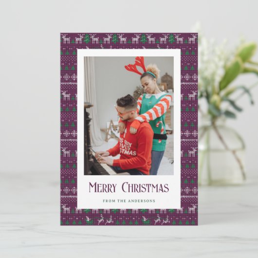 Paarse Ugly KerstSweater Photo Holiday Cards Feestdagenkaart (Staand voorkant)