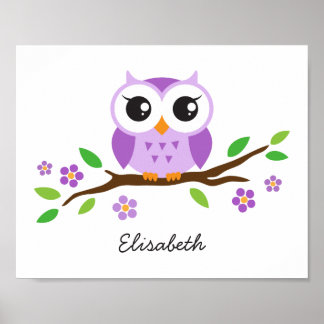 Paarse uil gepersonaliseerde kinderwandkunst voor  poster